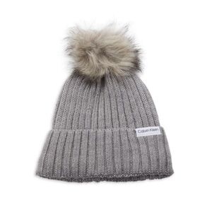 Calvin Klein faux fur pom-pom rib knit beanie hat